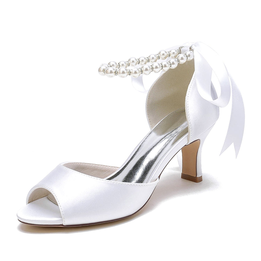 Women's Silk Satin With Lace-up Ankle Strap Pearl Peep Toe Spool Heel Party Shoes