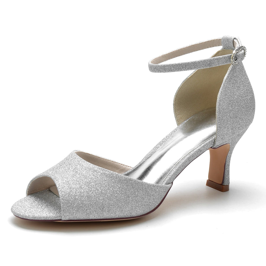 Women's Stretch Glitter With Ankle Strap Peep Toe Spool Heel Evening Shoes