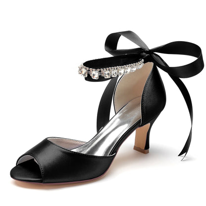 Women's Silk Satin With Ankle Strap Lace-up Rhinestone Peep Toe Spool Heel Wedding Shoes