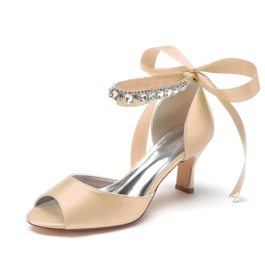 Women's Silk Satin With Ankle Strap Lace-up Rhinestone Peep Toe Spool Heel Wedding Shoes