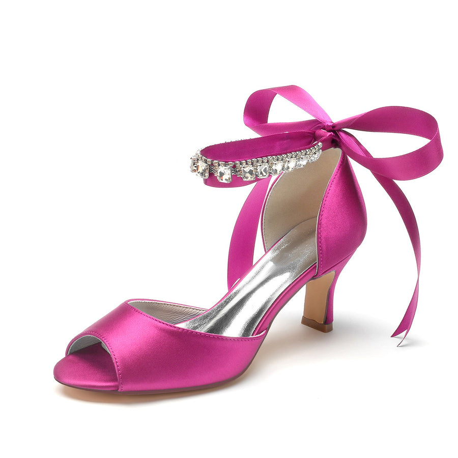 Women's Silk Satin With Ankle Strap Lace-up Rhinestone Peep Toe Spool Heel Wedding Shoes