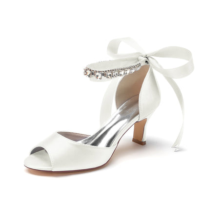 Women's Silk Satin With Ankle Strap Lace-up Rhinestone Peep Toe Spool Heel Wedding Shoes