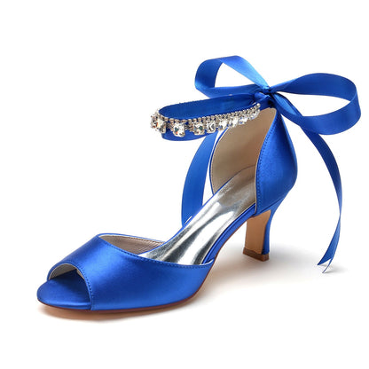 Women's Silk Satin With Ankle Strap Lace-up Rhinestone Peep Toe Spool Heel Wedding Shoes