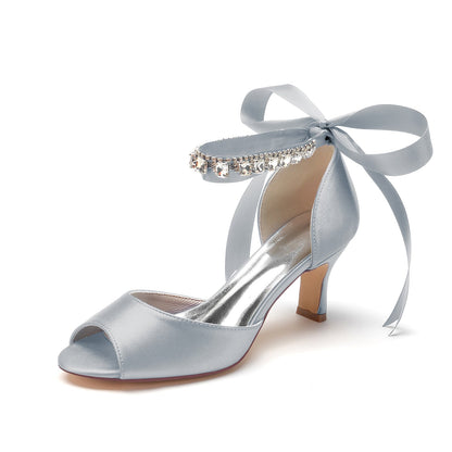 Women's Silk Satin With Ankle Strap Lace-up Rhinestone Peep Toe Spool Heel Wedding Shoes