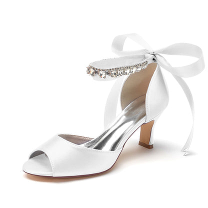 Women's Silk Satin With Ankle Strap Lace-up Rhinestone Peep Toe Spool Heel Wedding Shoes