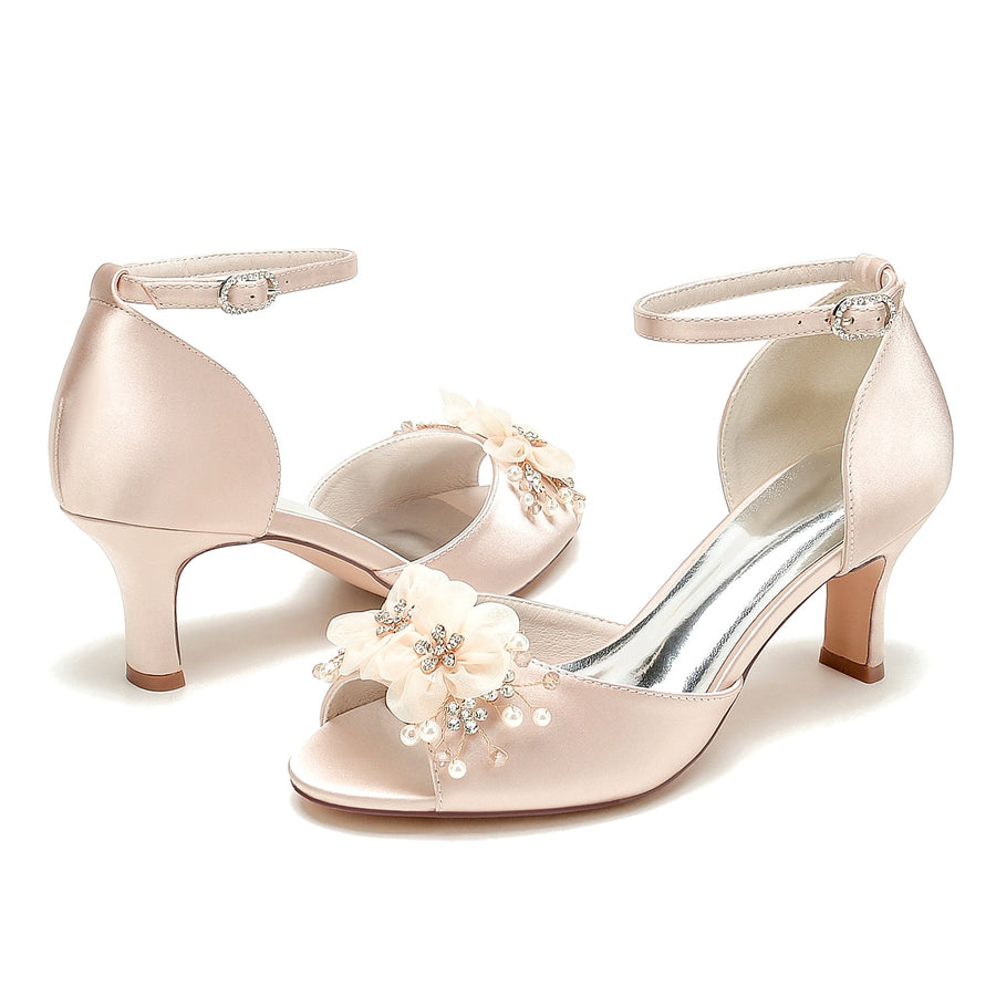 Women's Silk Satin With Ankle Strap Flower Peep Toe Stiletto Heel Wedding Shoes