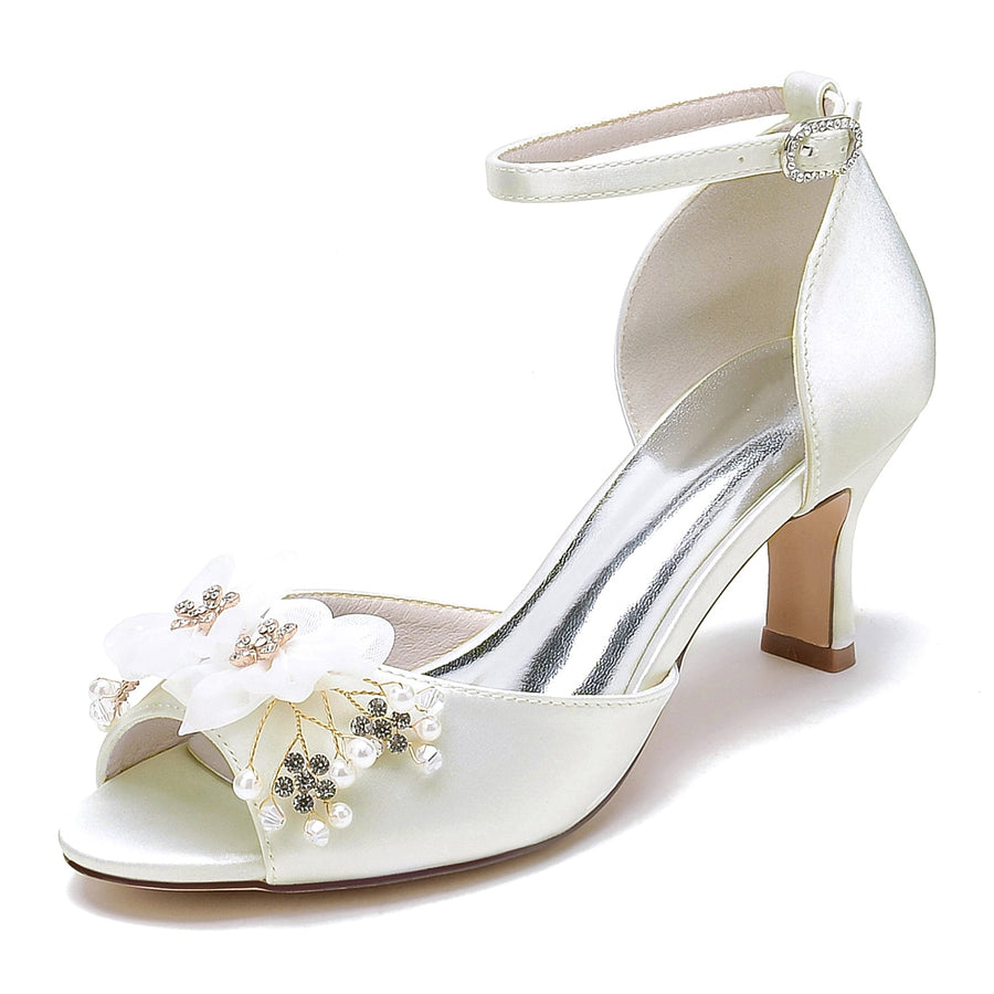 Women's Silk Satin With Ankle Strap Flower Peep Toe Stiletto Heel Wedding Shoes