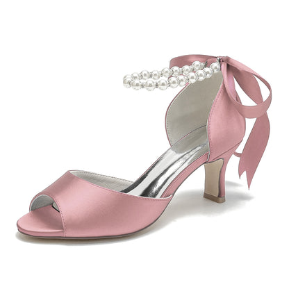 Women's Silk Satin With Ankle Strap Lace-up Pearl Peep Toe Stiletto Heel Party Shoes