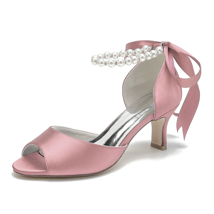 Women's Silk Satin With Ankle Strap Lace-up Pearl Peep Toe Stiletto Heel Party Shoes