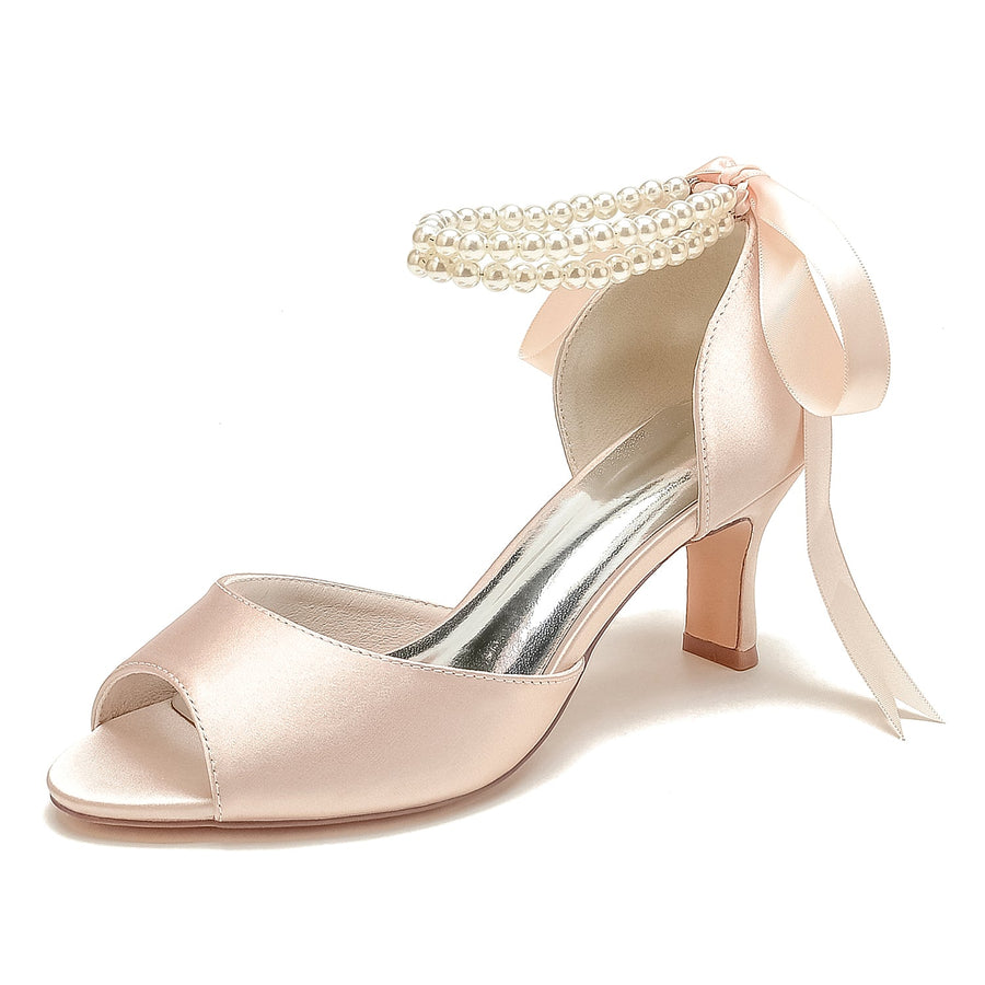 Women's Silk Satin With Ankle Strap Lace-up Pearl Peep Toe Spool Heel Party Shoes