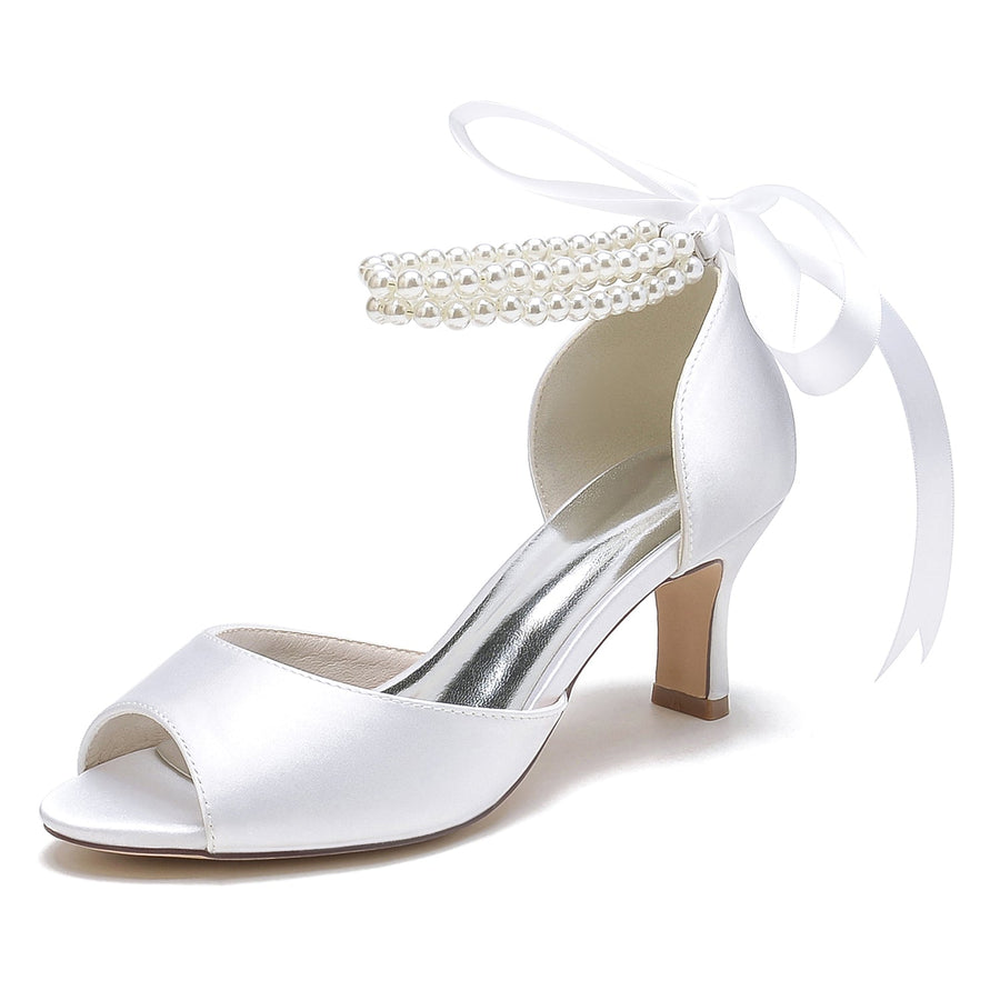 Women's Silk Satin With Ankle Strap Lace-up Pearl Peep Toe Spool Heel Party Shoes