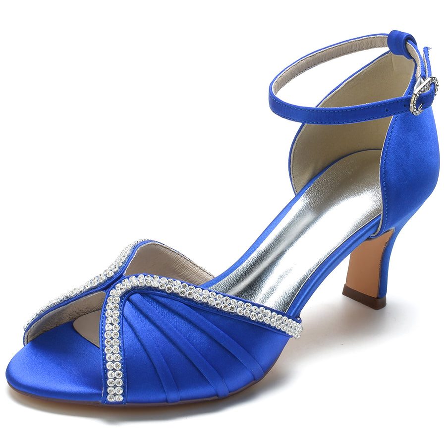 Women's Ankle Strap Silk Satin With Rhinestone Peep Toe Spool Heel Wedding Shoes