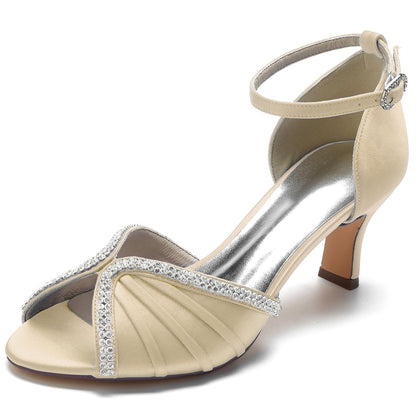 Women's Ankle Strap Silk Satin With Rhinestone Peep Toe Spool Heel Wedding Shoes