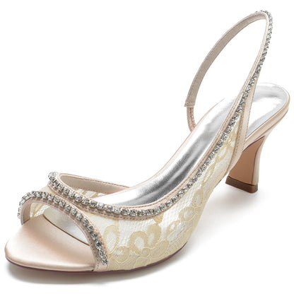 Women's Silk Satin With Lace Rhinestone Peep Toe Spool Heel Wedding Shoes