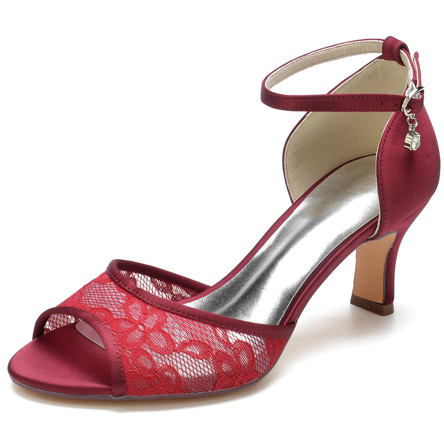 Women's Silk Satin With Ankle Strap Lace Peep Toe Spool Heel Evening Shoes