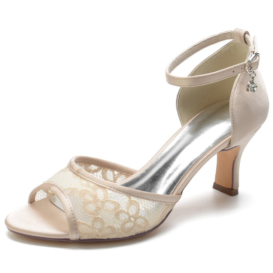 Women's Silk Satin With Ankle Strap Lace Peep Toe Spool Heel Evening Shoes