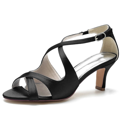 Women's Silk Satin Ankle Strap With Peep Toe Spool Heel Evening Shoes