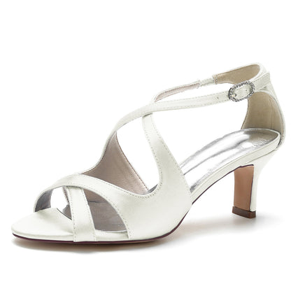 Women's Silk Satin Ankle Strap With Peep Toe Spool Heel Evening Shoes