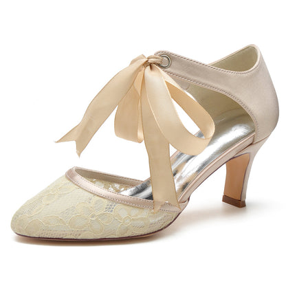 Women's Lace Silk Satin With Ankle Strap Closed Toe Spool Heel Wedding Shoes