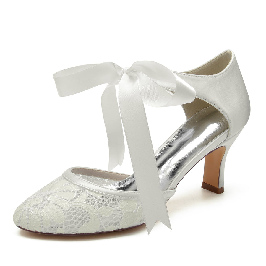 Women's Lace Silk Satin With Ankle Strap Closed Toe Spool Heel Wedding Shoes