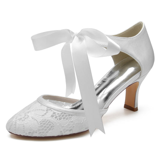 Women's Lace Silk Satin With Ankle Strap Closed Toe Spool Heel Wedding Shoes