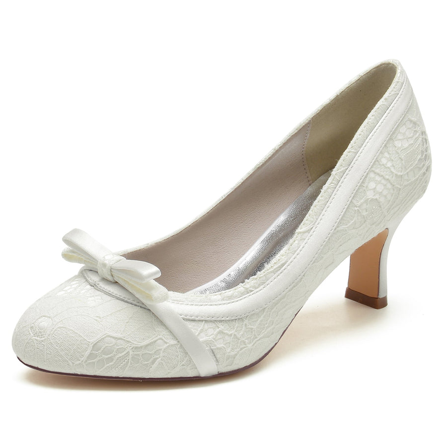 Women's Lace Silk Satin With Bowknot Lace Closed Toe Spool Heel Wedding Shoes