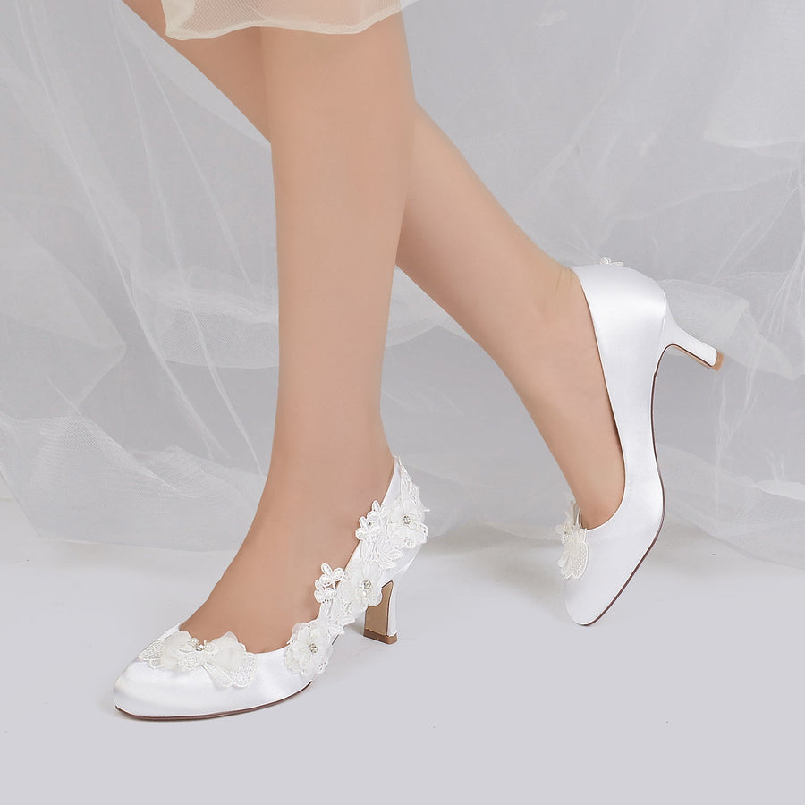 Women's Silk Satin Flower With Closed Toe Stiletto Heel Evening Shoes