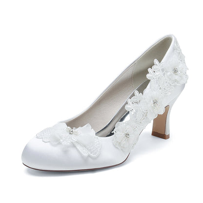 Women's Silk Satin Flower With Closed Toe Stiletto Heel Evening Shoes