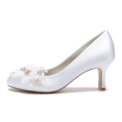 Women's Silk Satin With Flower Closed Toe Spool Heel Wedding Shoes