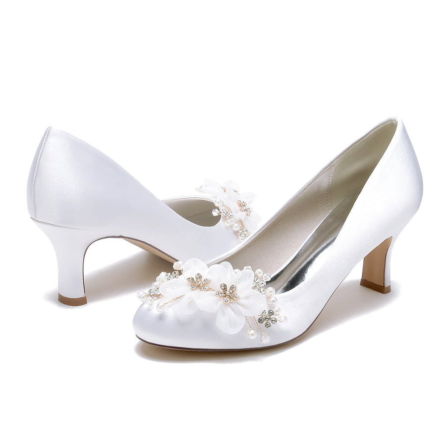 Women's Silk Satin With Flower Closed Toe Spool Heel Wedding Shoes