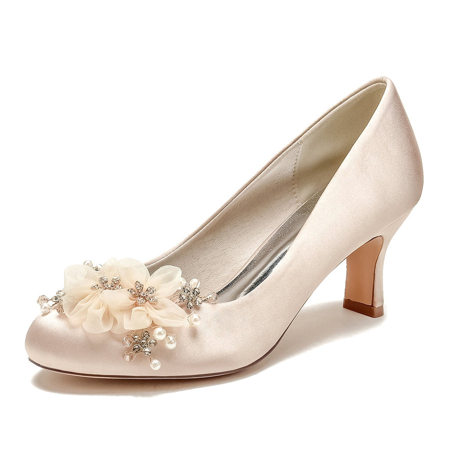 Women's Silk Satin With Flower Closed Toe Spool Heel Wedding Shoes