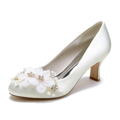 Women's Silk Satin With Flower Closed Toe Spool Heel Wedding Shoes