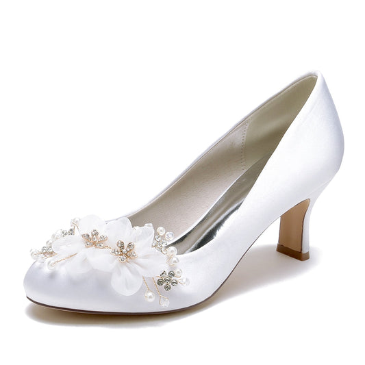 Women's Silk Satin With Flower Closed Toe Spool Heel Wedding Shoes