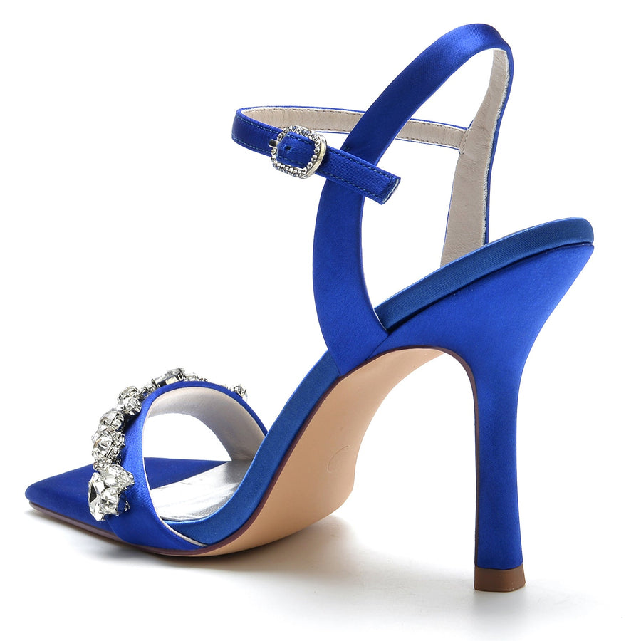 Women's Silk Satin With Rhinestone Peep Toe Ankle Strap Stiletto Heel Evening Shoes