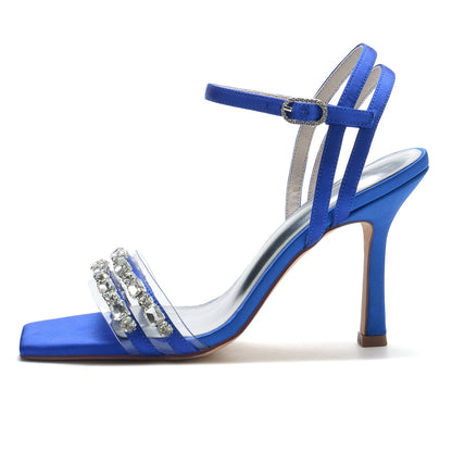 Women's Silk Satin Ankle Strap With Rhinestone Peep Toe Stiletto Heel Party Shoes