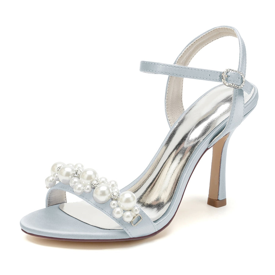 Women's Silk Satin With Ankle Strap Pearl Peep Toe Stiletto Heel Wedding Shoes