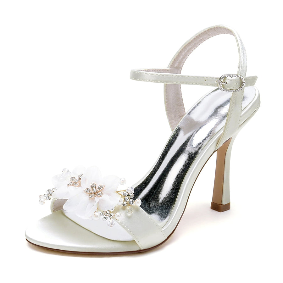 Women's Silk Satin With Ankle Strap Flower Peep Toe Stiletto Heel Party Shoes