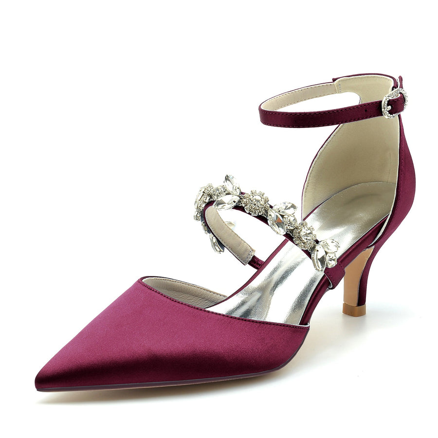 Women's Ankle Strap Rhinestone Silk Satin With Closed Toe Stiletto Heel Wedding Shoes