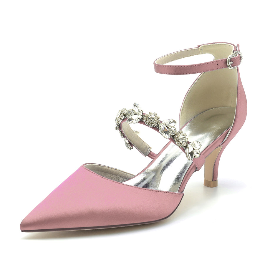 Women's Ankle Strap Rhinestone Silk Satin With Closed Toe Stiletto Heel Wedding Shoes