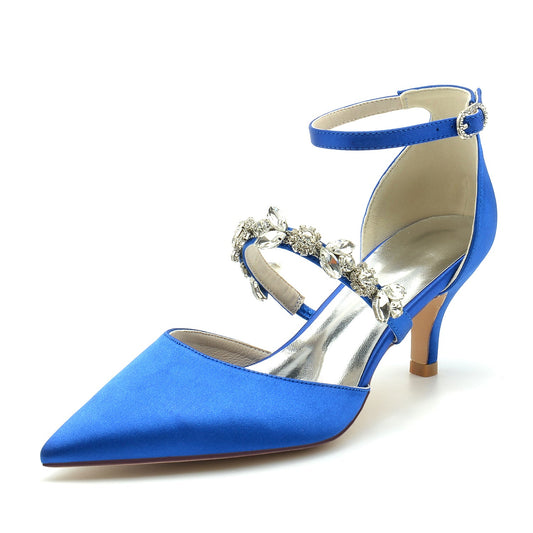 Women's Ankle Strap Rhinestone Silk Satin With Closed Toe Stiletto Heel Wedding Shoes