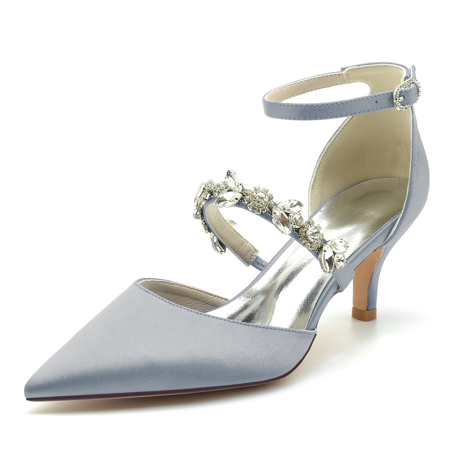 Women's Ankle Strap Rhinestone Silk Satin With Closed Toe Stiletto Heel Wedding Shoes