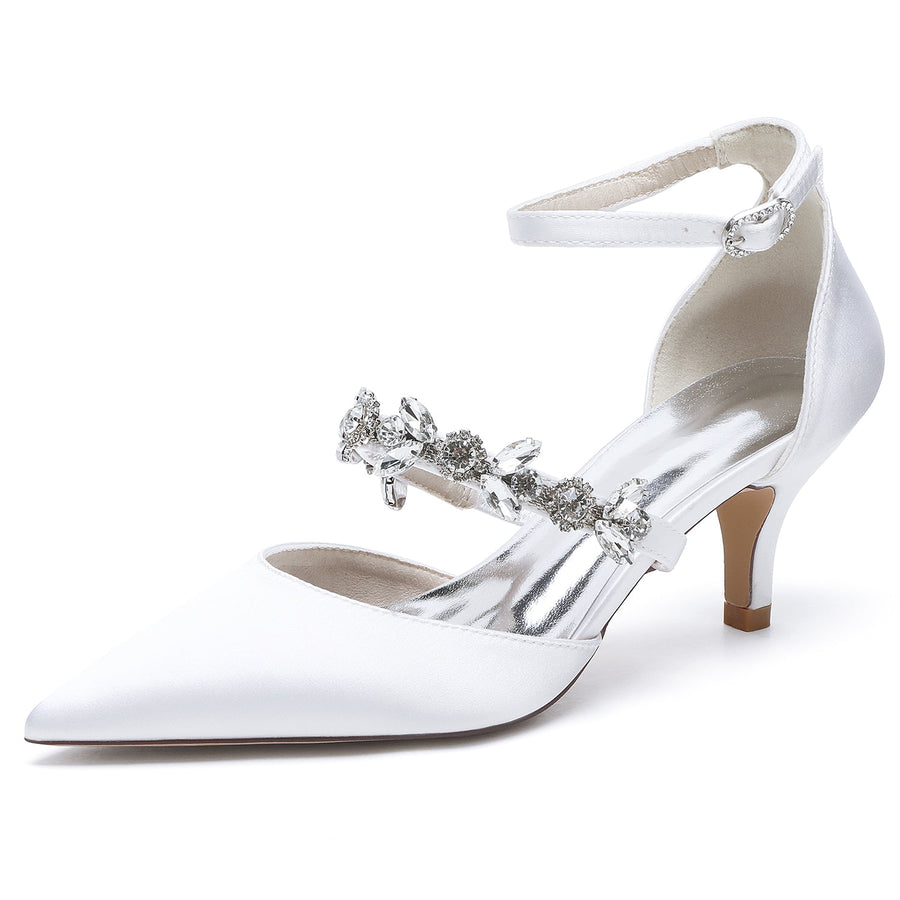 Women's Ankle Strap Rhinestone Silk Satin With Closed Toe Stiletto Heel Wedding Shoes