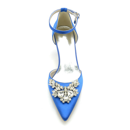 Women's Silk Satin With Rhinestone Ankle Strap Closed Toe Stiletto Heel Wedding Shoes