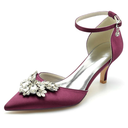 Women's Silk Satin With Rhinestone Ankle Strap Closed Toe Stiletto Heel Wedding Shoes