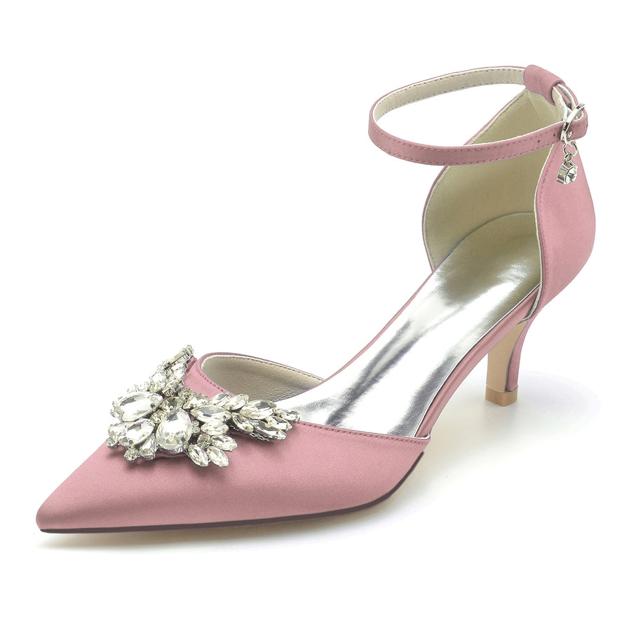 Women's Silk Satin With Rhinestone Ankle Strap Closed Toe Stiletto Heel Wedding Shoes