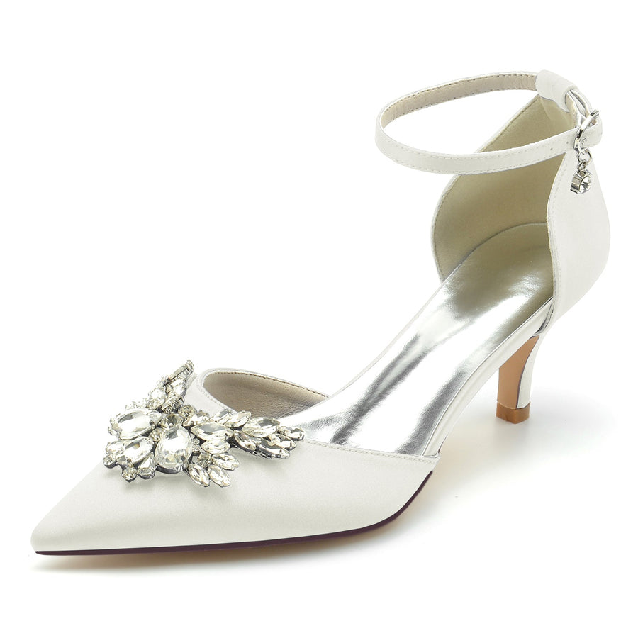 Women's Silk Satin With Rhinestone Ankle Strap Closed Toe Stiletto Heel Wedding Shoes