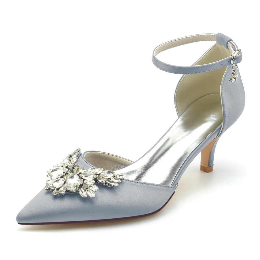 Women's Silk Satin With Rhinestone Ankle Strap Closed Toe Stiletto Heel Wedding Shoes