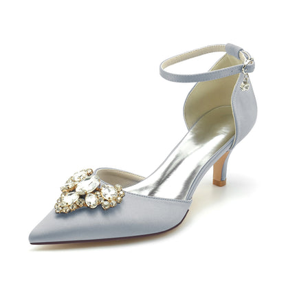 Women's Silk Satin With Rhinestone Closed Toe Ankle Strap Stiletto Heel Wedding Shoes