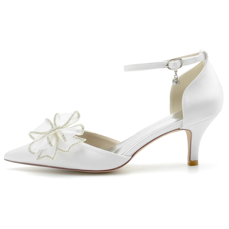 Women's Silk Satin With Ankle Strap Bowknot Closed Toe Stiletto Heel Wedding Shoes