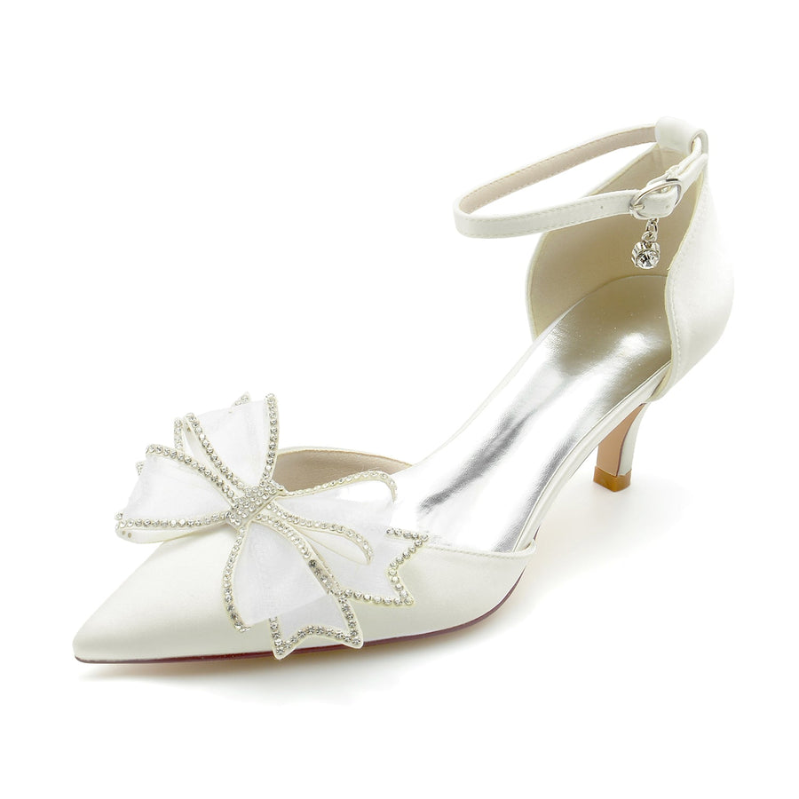 Women's Silk Satin With Ankle Strap Bowknot Closed Toe Stiletto Heel Wedding Shoes